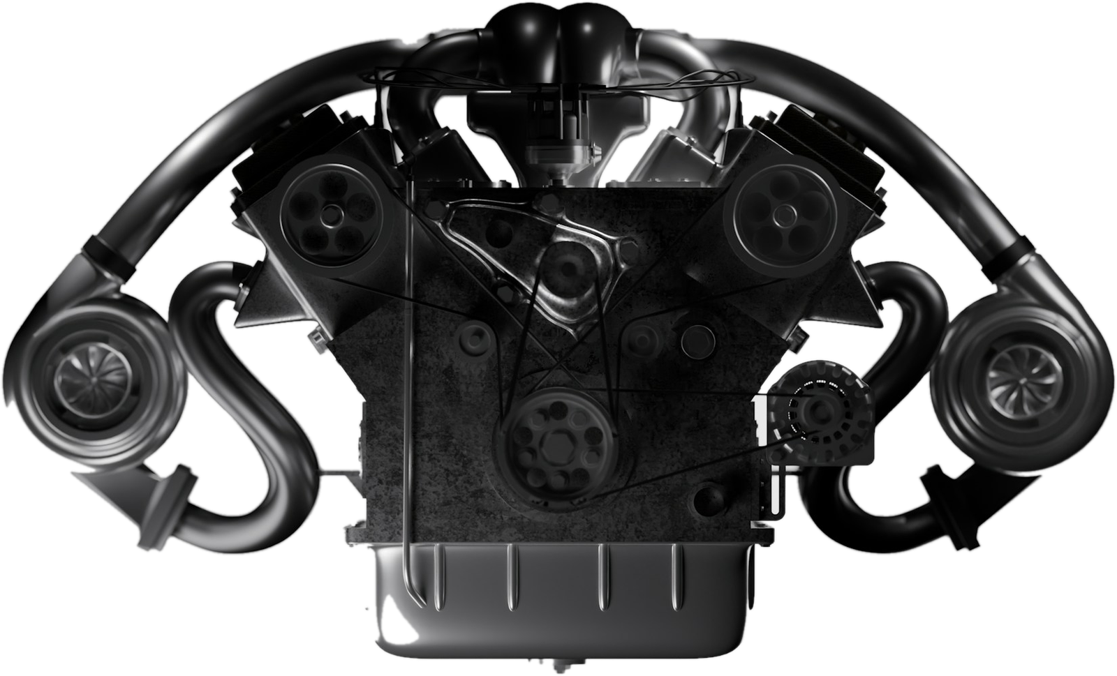 Motor V8 biturbo suspendido en el vacío
